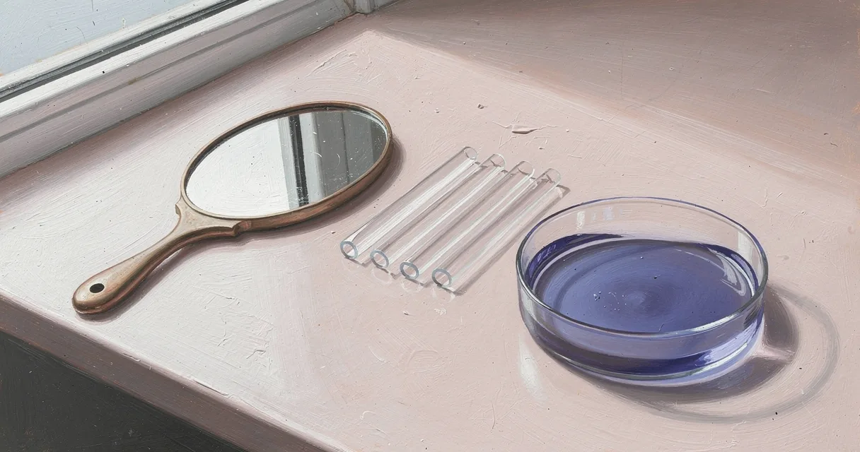 An oval mirror, microscope slides and a blue-violet dish on a sunlit table