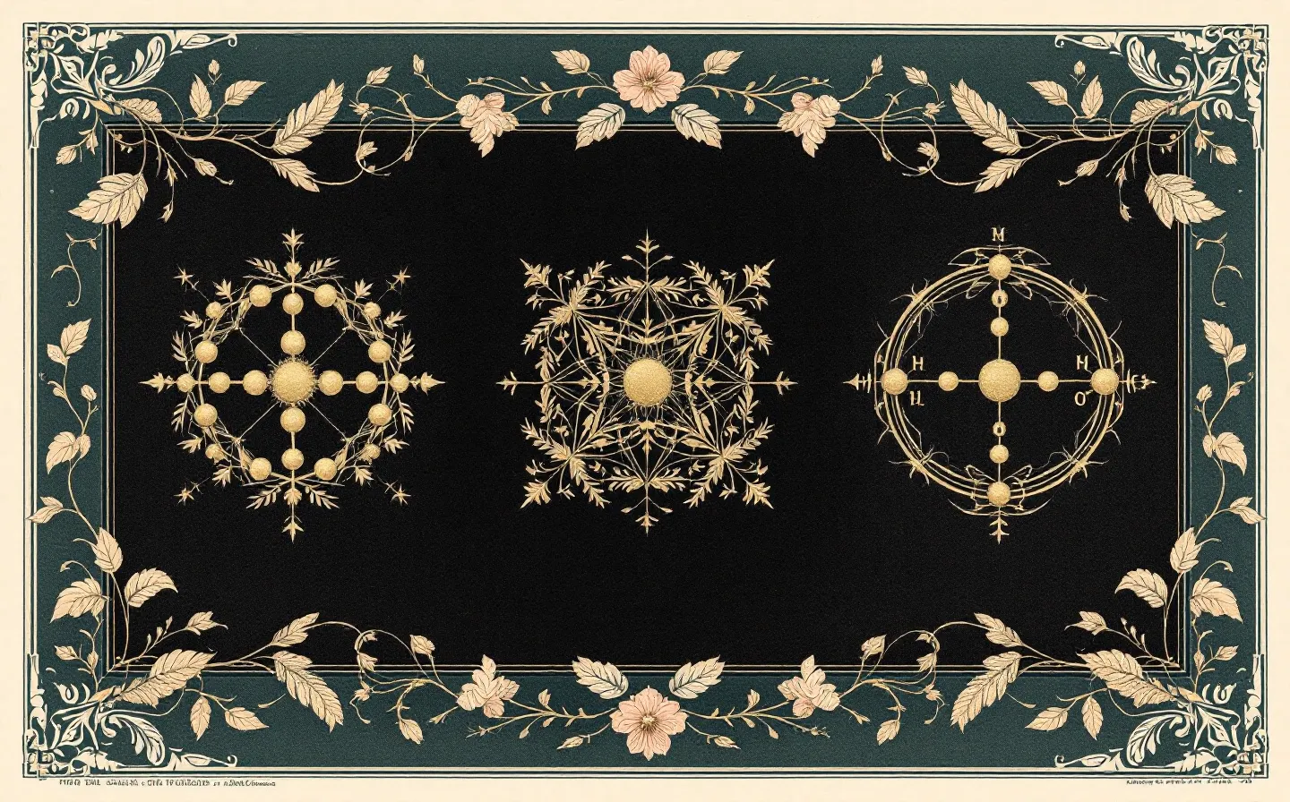 An engraved night-lithograph triptych of three abstract peptide molecular emblems under a botanical halo in aged gold and sage on a deep ink-teal plate