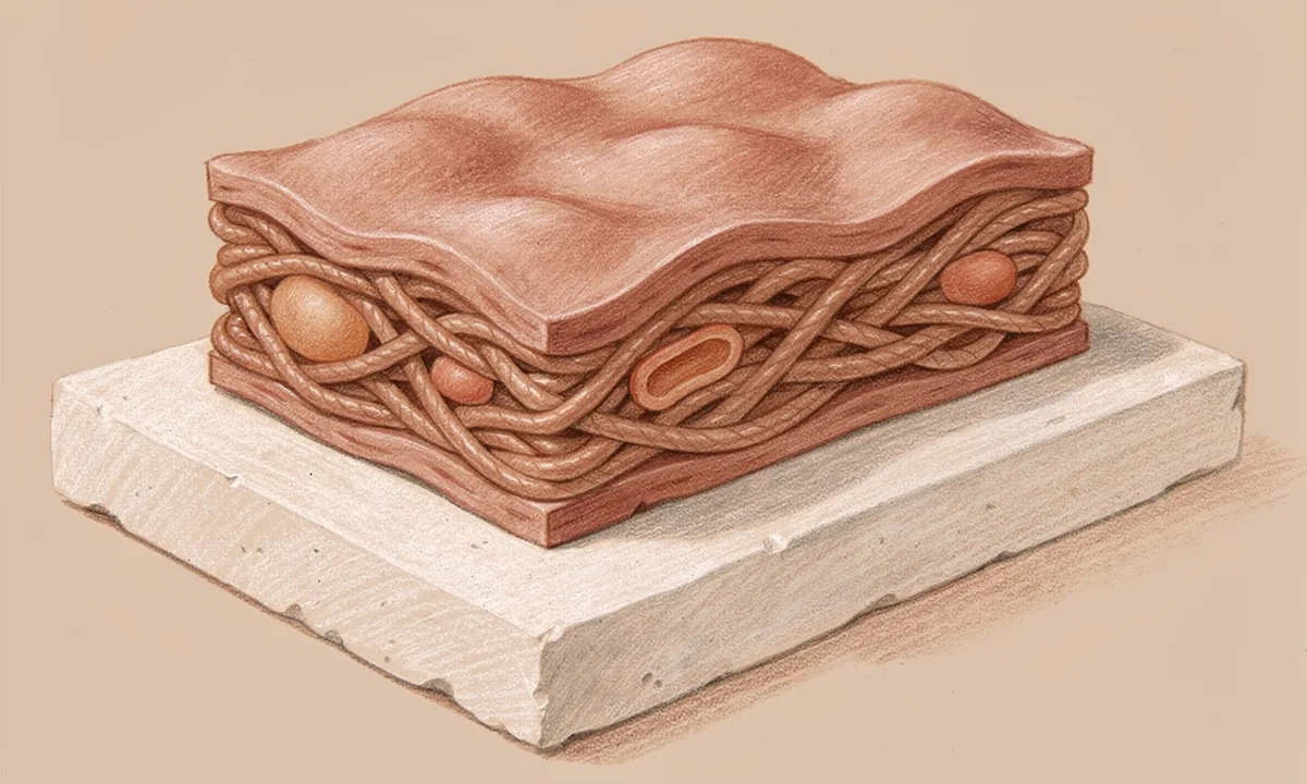 A painted cutaway of skin shows an outer layer above woven supporting tissue