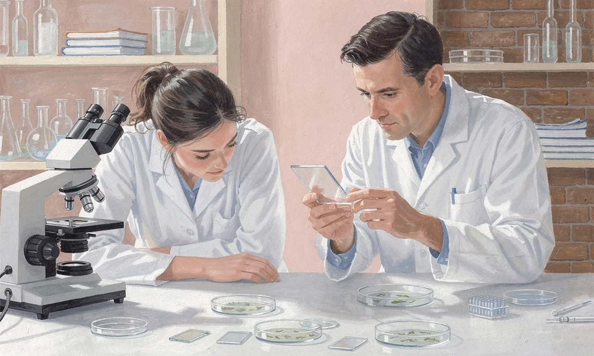 Two researchers examine microscope slides at a daylight laboratory bench